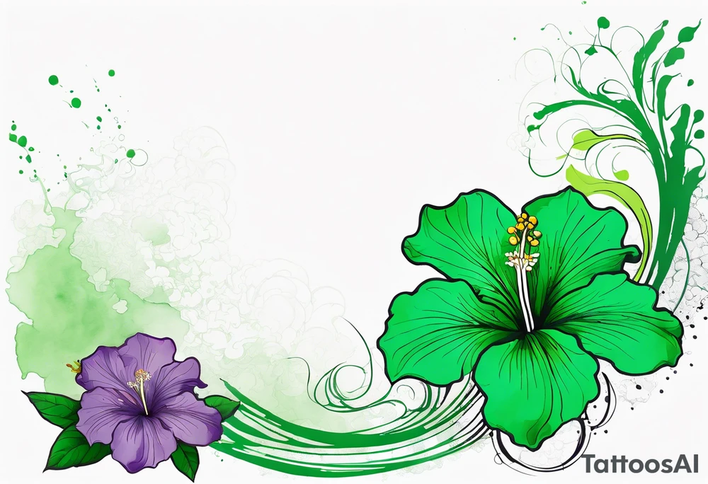 An outline of a green rio dipladenia flower and a green/purple watercolor splash in the background tattoo idea