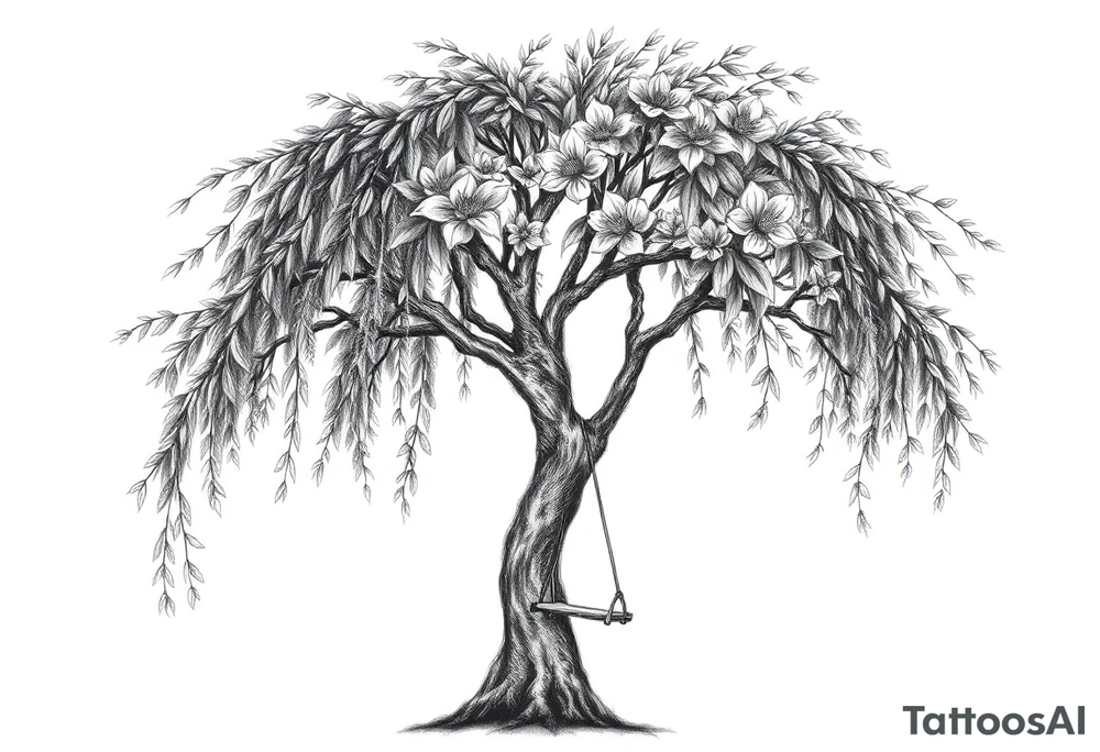 Willow tree with 7 branches with a swing hanging from one with florals tattoo idea