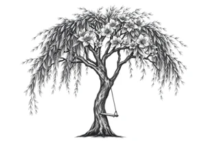 Willow tree with 7 branches with a swing hanging from one with florals tattoo idea