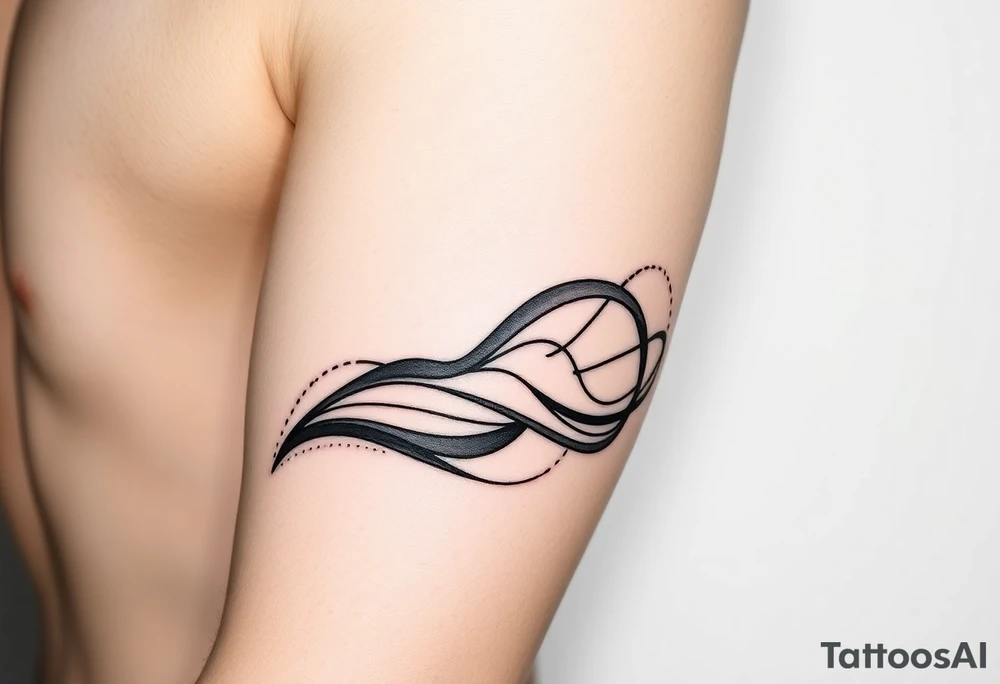Bold abstract line tattoo for a male, inner forearm wrapping around the elbow, sharper wave forms, confident flowing black lines with controlled dotwork, strong contrast, modern masculine style, black ink only, no softness, tattoo-ready. tattoo idea
