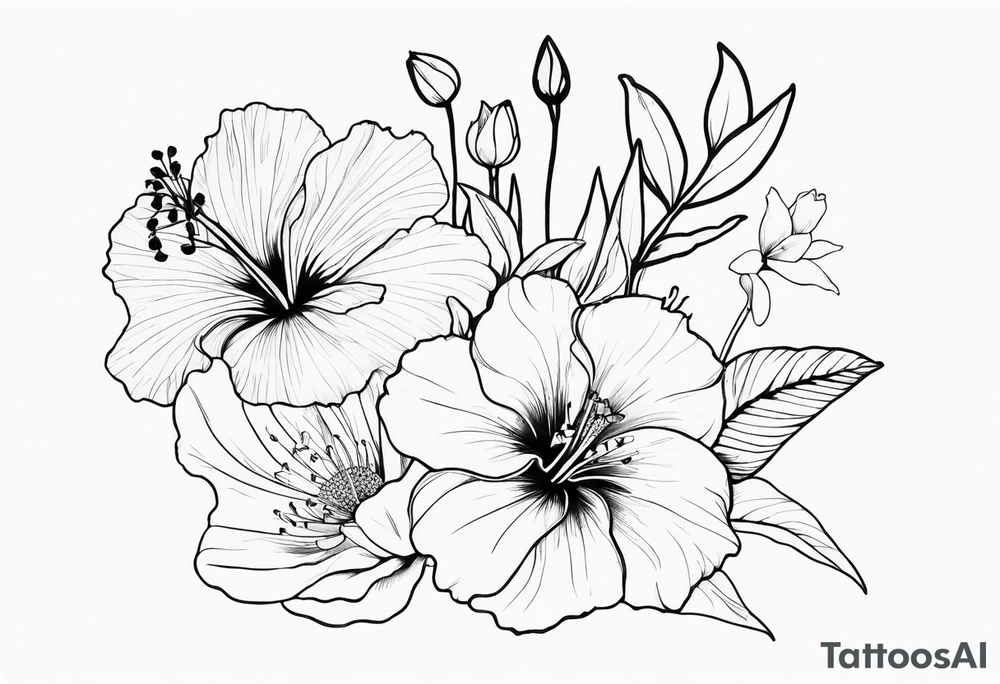 Verticle arm placement of dainty hibiscus, TULIPS, LILLIES, DRAGONflower, with wildflowers, poppy, bees, peony, forearm tattoo idea