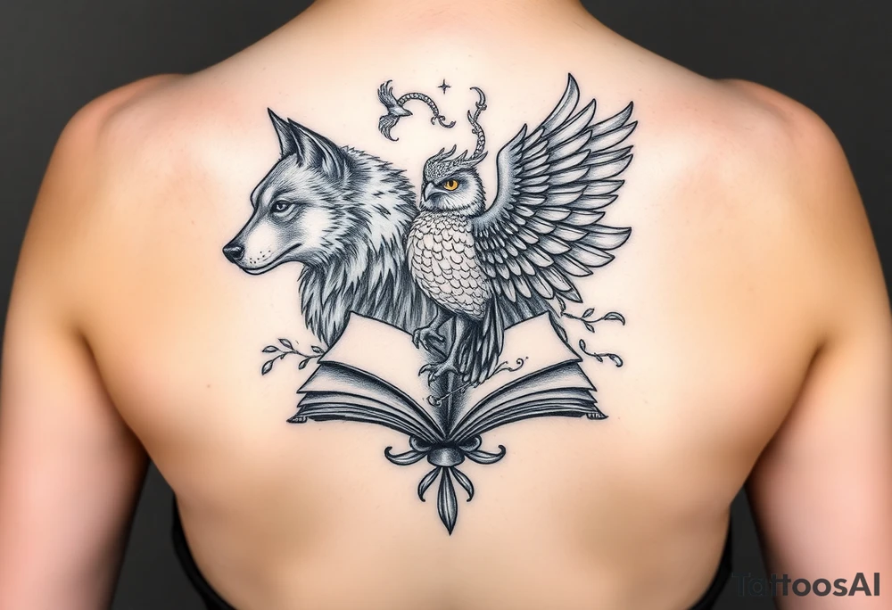 An open book with a werewolf, owl, dragon & phoenix above it tattoo idea An open book with a werewolf, owl, dragon & phoenix above it tattoo idea