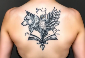 An open book with a werewolf, owl, dragon & phoenix above it tattoo idea