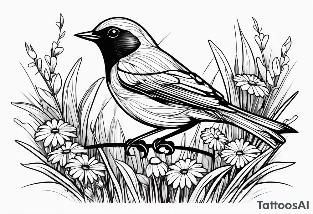 Little bird perched in grass with daisy tattoo idea