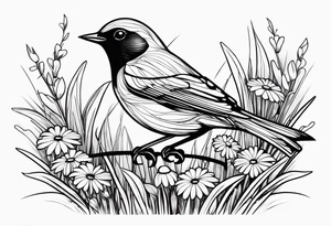 Little bird perched in grass with daisy tattoo idea