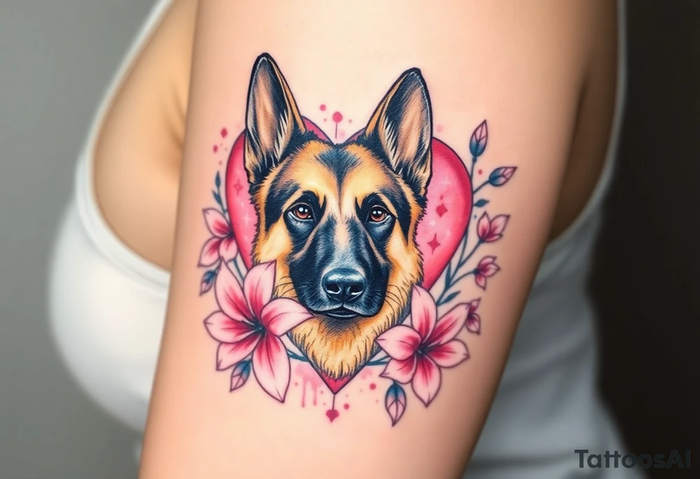realistic german shepherd looking protective with pink lilies in front of a sacred heart tattoo idea