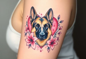 realistic german shepherd looking protective with pink lilies in front of a sacred heart tattoo idea
