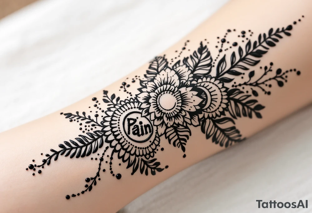 Indian style Henna tattoo for the inner wrist include the word pain in small font tattoo idea