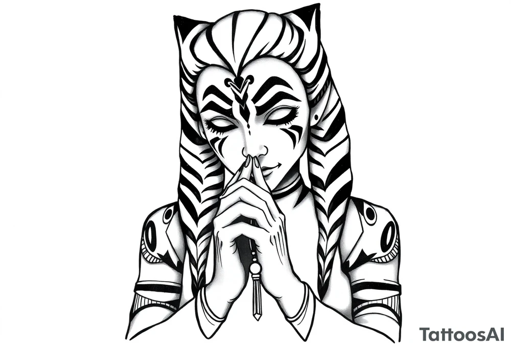 Ahsoka praying with rosary in hands tattoo idea