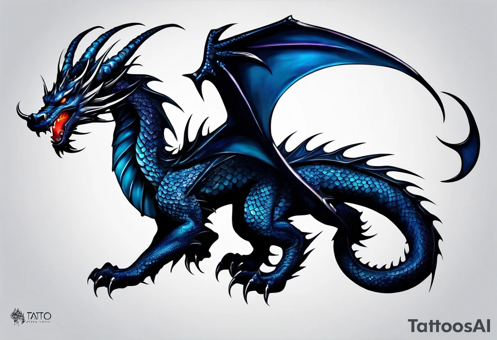 An epic floating dragon. Its long body coiling dynamically, with scales and horns detailed to create a sense of movement and strength. The dragon's main color is midnight blue, giving a vibrant depth and a mystical aura. This tattoo highlights the dragon’s fierce expression and sharp claws. tattoo idea