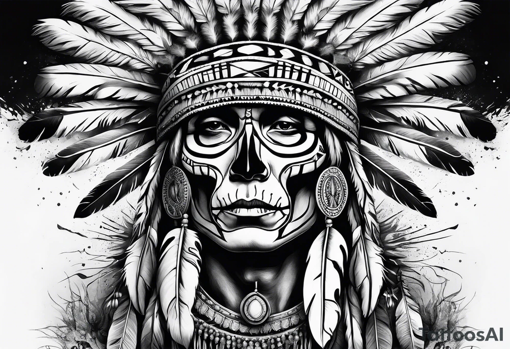 Native American wearing Headress Skeleton Praying tattoo idea