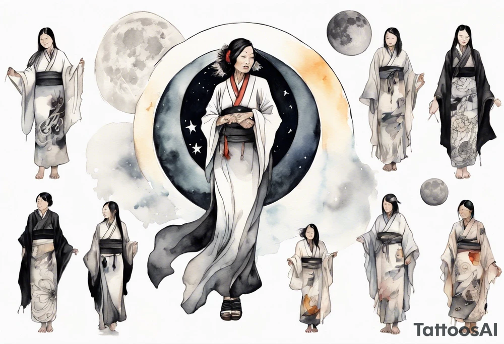 a 50-year-old indigenous woman wearing black and white robes standing on the moon tattoo idea