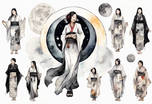 a 50-year-old indigenous woman wearing black and white robes standing on the moon tattoo idea