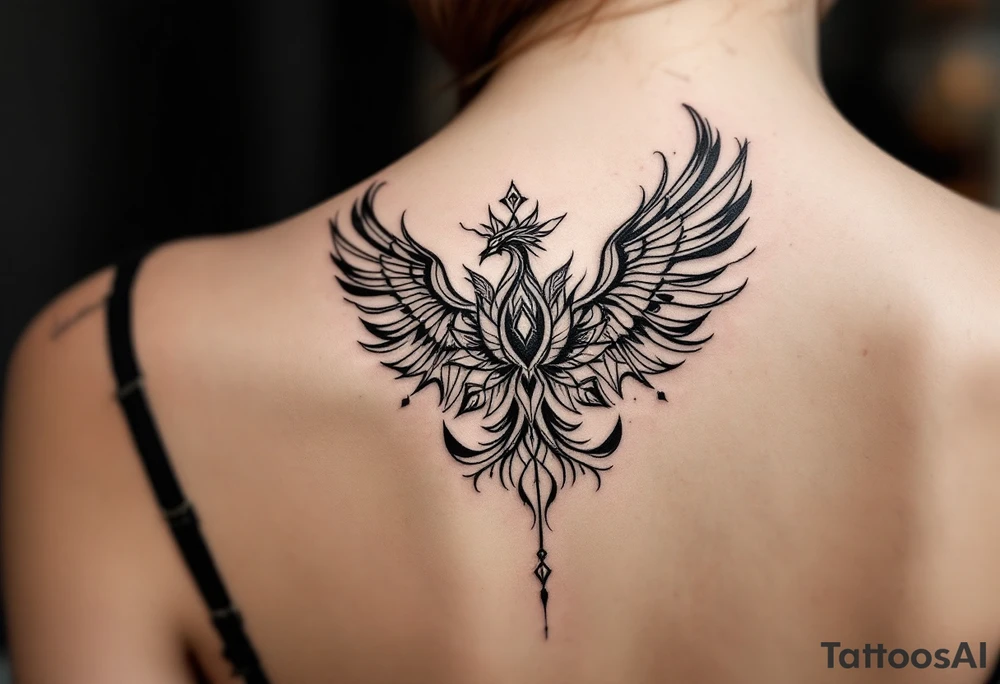 Fine thin lines very small minimalist tattoo combo of phenix and lotus tattoo idea