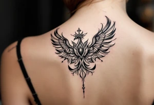 Fine thin lines very small minimalist tattoo combo of phenix and lotus tattoo idea