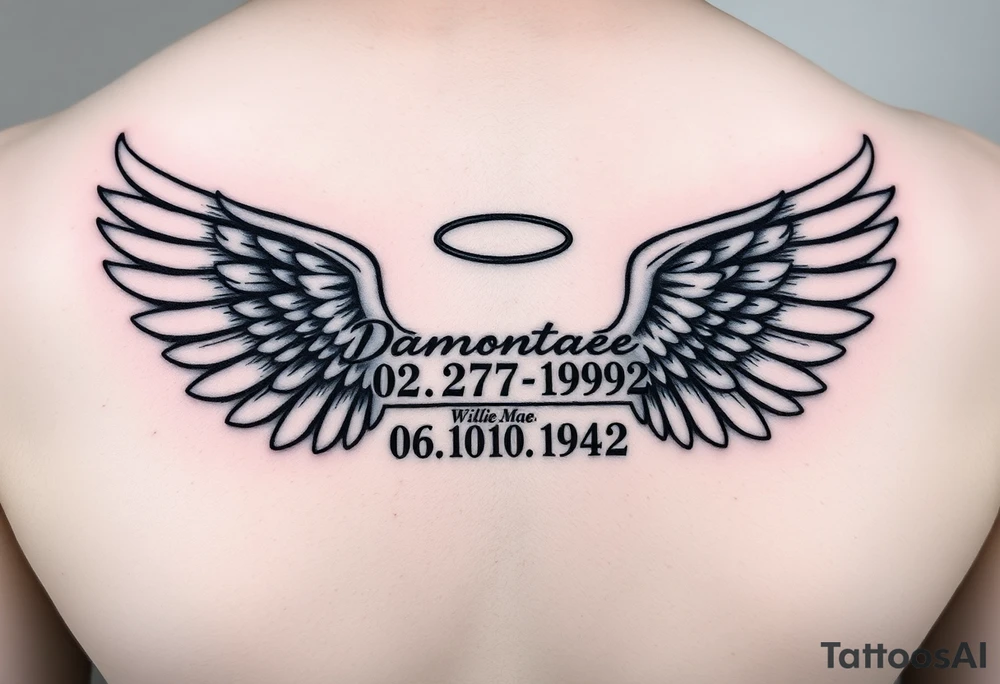 “Damontae 02/27/1992 and under that Willie Mae 06/10/1942” inside a pair of wings with a halo on top of the names and wings on my forearm tattoo idea