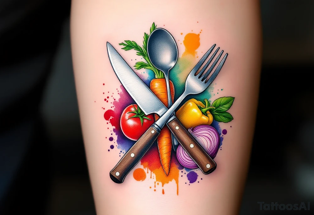 A realistic kitchen tattoo design showing a stainless steel chef’s knife with a brown wooden handle crossed over a silver fork and spoon, surrounded by fresh vegetables: a bright red tomato, an orange carrot with green leaves, a purple onion, green basil leaves, and a yellow bell pepper — all arranged in a circular layout with soft watercolor splashes in red, green, orange, and violet behind them. tattoo idea