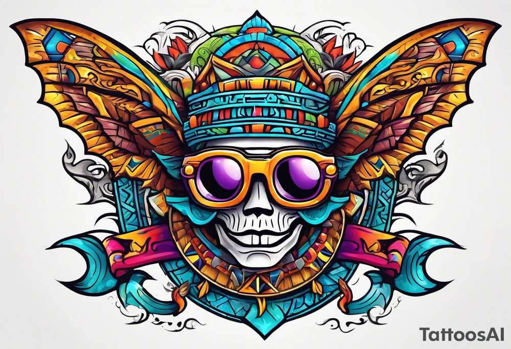 Colorful Mayan hieroglyph wearing sunglasses with bats and water tattoo idea
