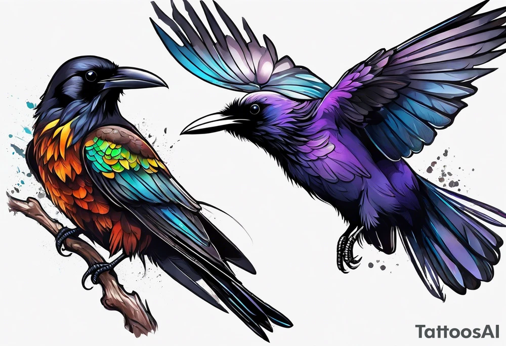 raven above a hummingbird with the raven facing right and the hummingbird facing left tattoo idea