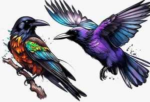 raven above a hummingbird with the raven facing right and the hummingbird facing left tattoo idea