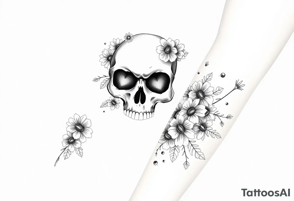 A forearm half sleeve with Gothic skull with heart eyes surrounded by wildflowers tattoo idea
