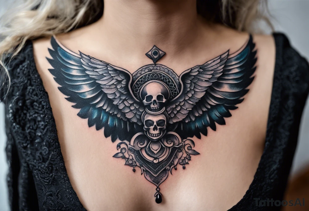 black kali, goddess pirate, alien, angel, pachamama, valkrye, warrior, flying, skull, lotus azul, wing, eagle, zenza resonance, stars, 5D, anahata chakra, death, durga, riding on a tiger, flying lady, kundalini, chest tatoo tattoo idea