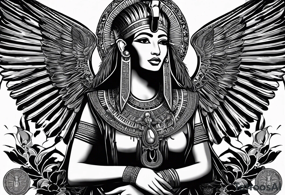 black and white Egyptian goddess Isis, who is often depicted as a woman with outstretched wings, holding an ankh (a symbol of life) in one hand and a lotus flower in the other. Her headdress often includes a throne or a solar disk. The tattoo design can vary in style and size, but it typically aims to capture the essence of this revered Egyptian deity, emphasizing her beauty, power, and maternal qualities. The choice of colors and additional elements can also be customized to create a unique and visually striking representation of the goddess Isis tattoo idea
