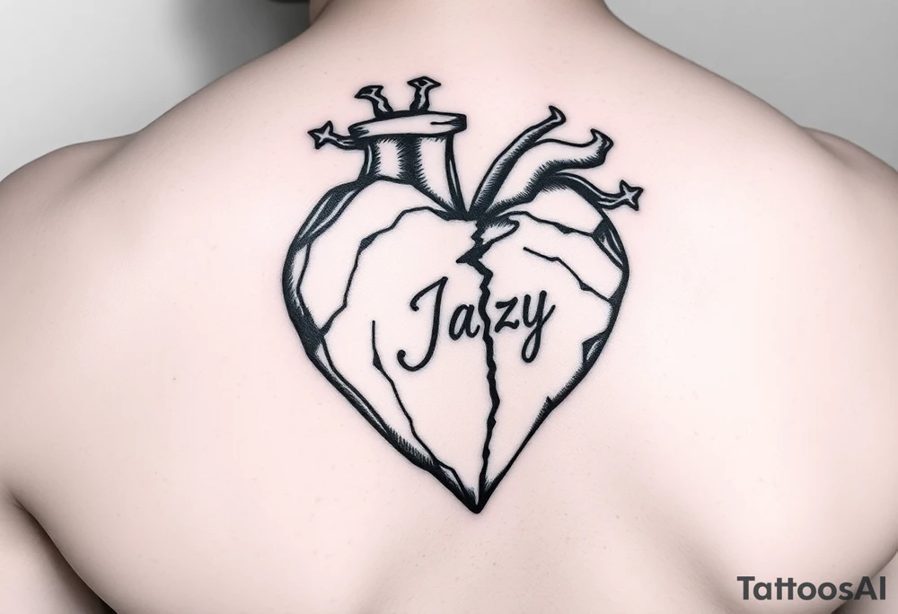 upper arm tattoo -broken heart of a deceased best friend with the name Jazy incorporated tattoo idea