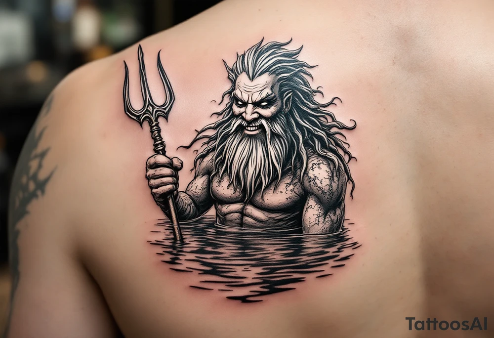 smiling poseidon in calm water, holding a trident, holding a beer tattoo idea