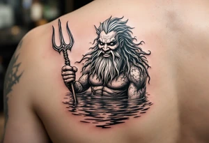 smiling poseidon in calm water, holding a trident, holding a beer tattoo idea