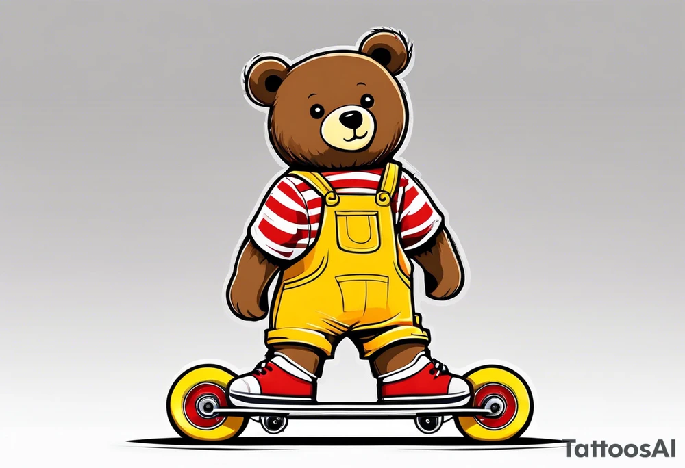 the back of one standing, skinny, brown ,
teddy bear in long, yellow overalls and white roller skates with red stripes on his feet tattoo idea