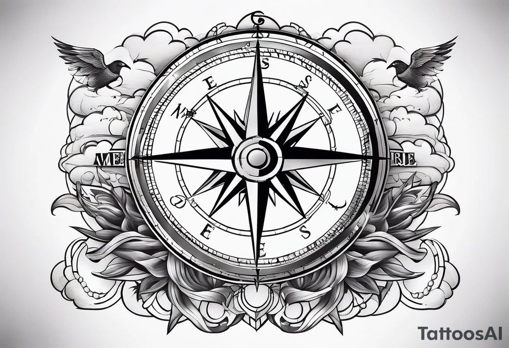 Compass with compass rose and anchor and gps data and clouds tattoo idea