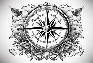 Compass with compass rose and anchor and gps data and clouds tattoo idea