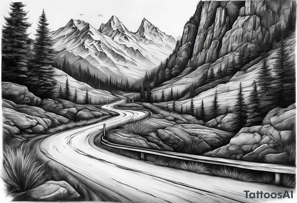 road tattoo into mountain tattoo idea