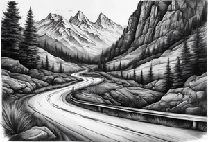 road tattoo into mountain tattoo idea