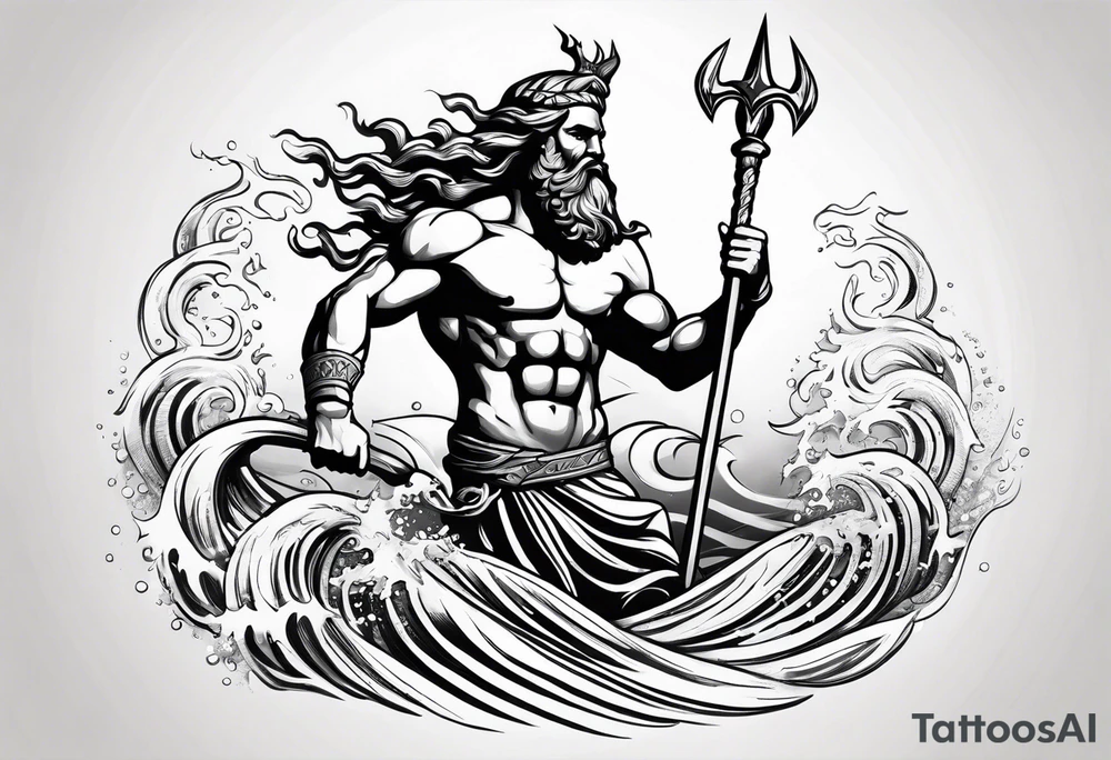 Poseidon raising trident with waves tattoo idea