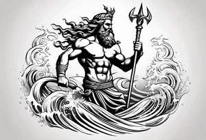 Poseidon raising trident with waves tattoo idea
