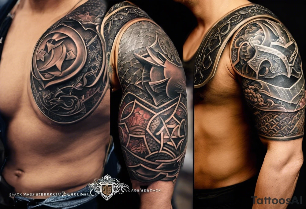 half sleeve tattoo. from a distance looks like a pauldron but closer the pieces of armor are from parts of my life. family, and interests. Father of 3 boys (1 passed), husband, martial arts for 3 decades. 1 1st degree and 1 2nd degree black belt.  Lets start there. tattoo idea