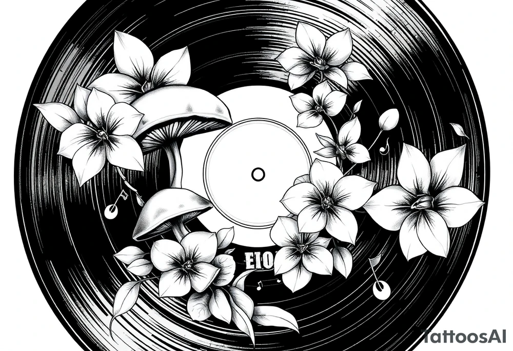 one black and white vinyl record with mushrooms, orchids, and music notes around it tattoo idea