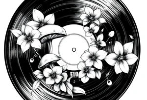 one black and white vinyl record with mushrooms, orchids, and music notes around it tattoo idea