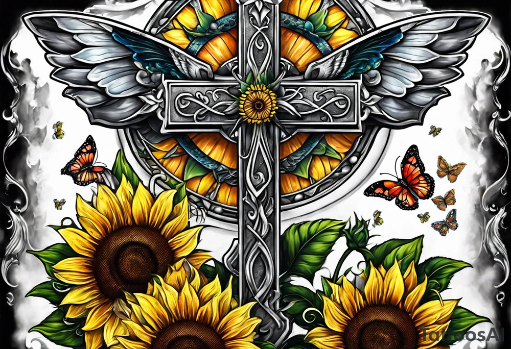 Winged cross with sunflower and butterflies tattoo idea