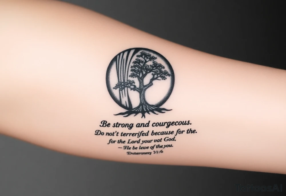 Eyeball with waterfall flowing out of it and under have a tree and under that have the verse Be strong and courageous. Do not be afraid or terrified
because of them, for the Lord your God goes with you; he will never leave you nor forsake you." Deuteronomy 31:6 tattoo idea