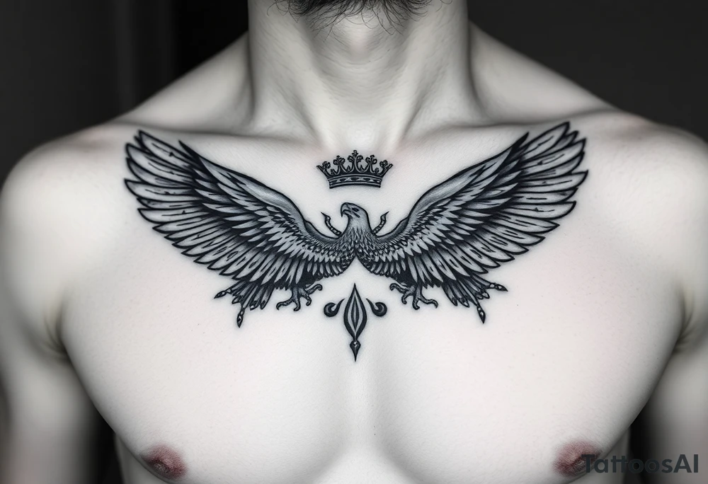 Chest tattoo,powerful two symetrical majestic eagles, surrounded by lure ornaments , between eagles a crown tattoo idea