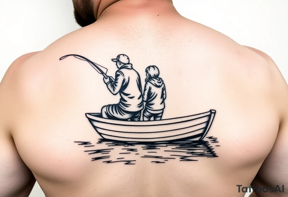 Dad fishing with 
1 daughter and 2 sons
With lake boat tattoo idea