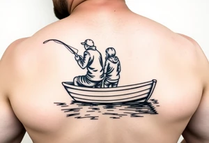 Dad fishing with 
1 daughter and 2 sons
With lake boat tattoo idea