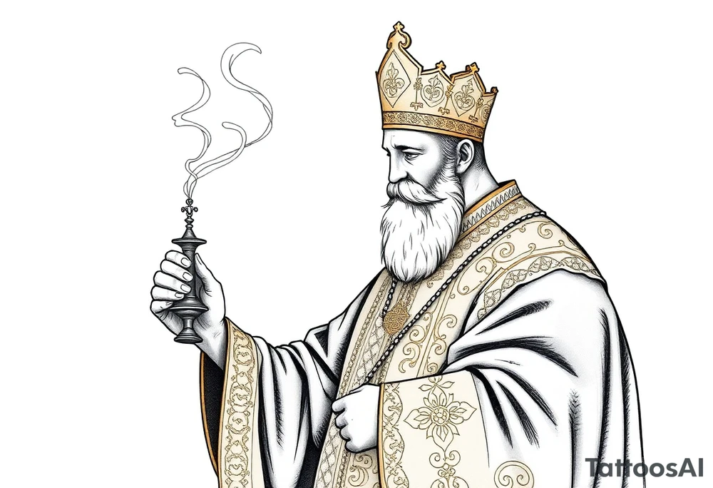 A Russian Orthodox Priest in full gold vestments swinging a censer with smoke curling upward 

The ornate robes give incredible fine line detail
The incense smoke could flow and connect to other elements
It ties directly into the church and Virgin Mary you already have
Very culturally authentic to the overall theme tattoo idea
