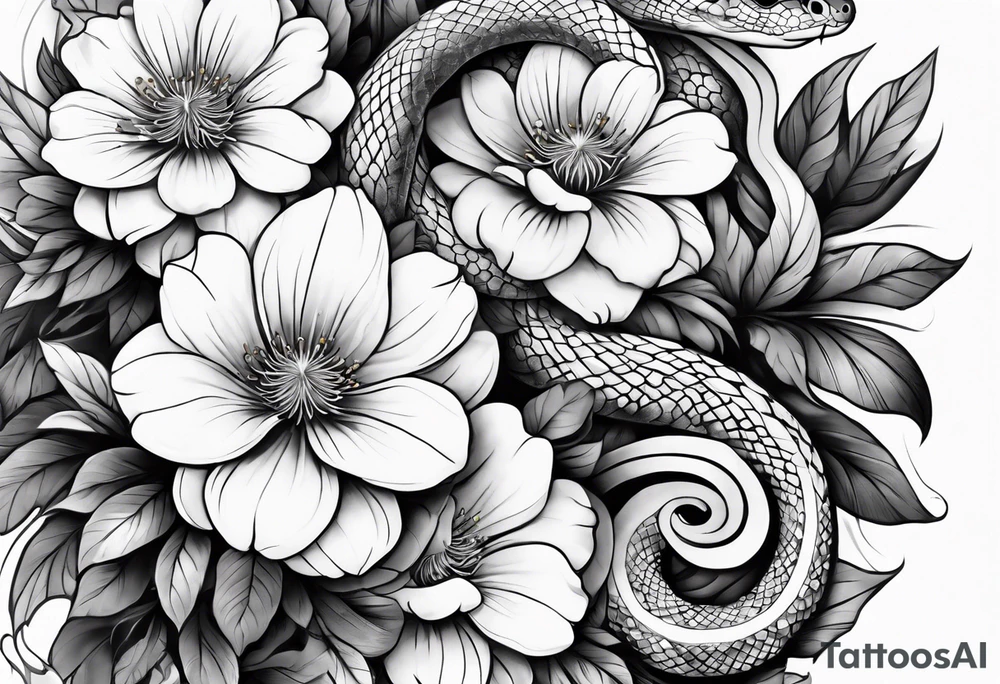 Arm tattoo with a snake and pretty flowers and smoke tattoo idea