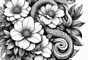 Arm tattoo with a snake and pretty flowers and smoke tattoo idea
