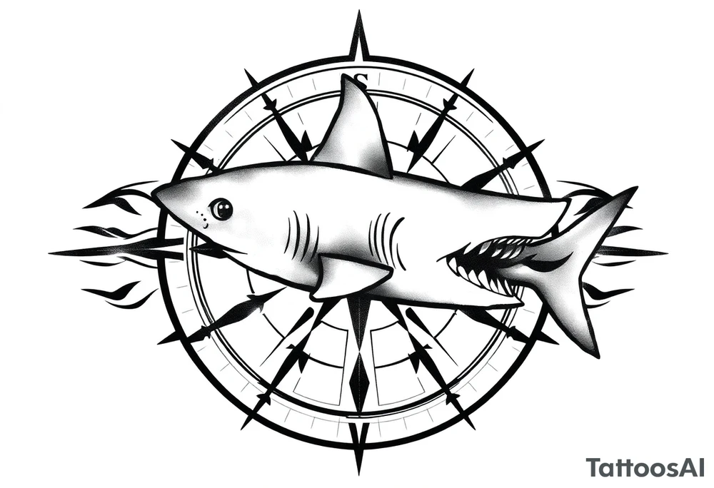 "A detailed black and grey tattoo design combining the top-down view of a shark with a compass. The shark should appear as if swimming across or emerging from the compass. The compass has intricate, sharp-edged needles and classic directional markings (N, S, E, W). The style is realistic with fine linework and light dot shading, suitable for forearm or upper arm placement. Bold yet elegant composition with oceanic and navigational symbolism." tattoo idea