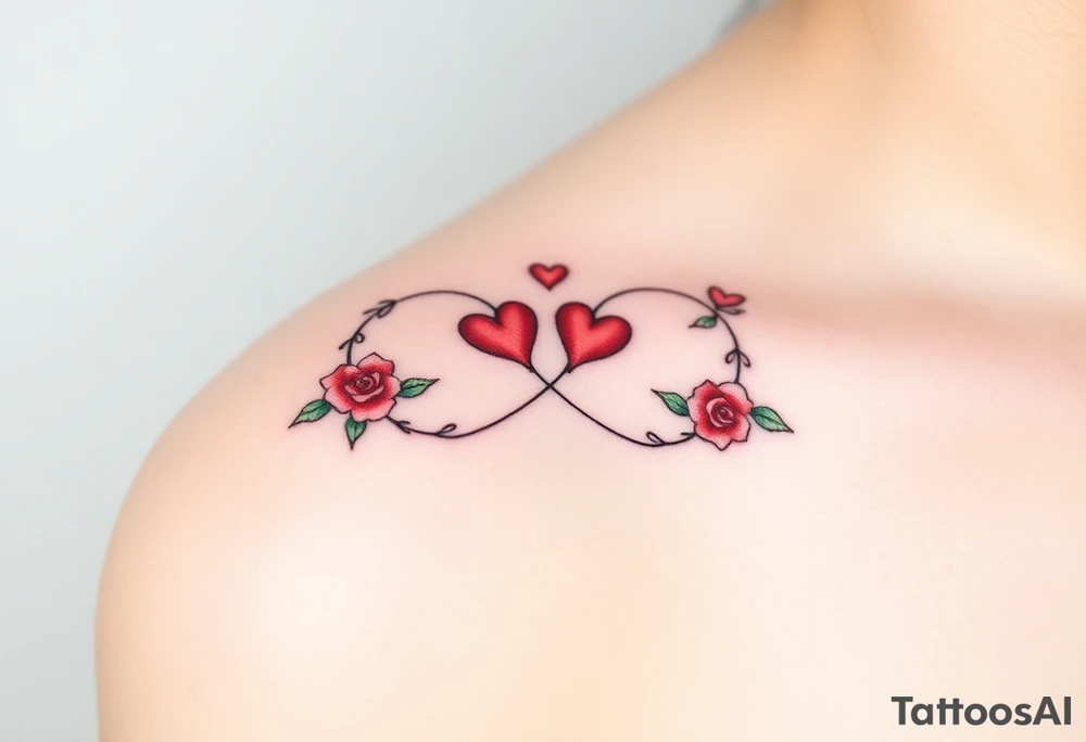 Full infinity symbol made out of vine banches with delicate roses and hearts, in soft red and green hues tattoo idea